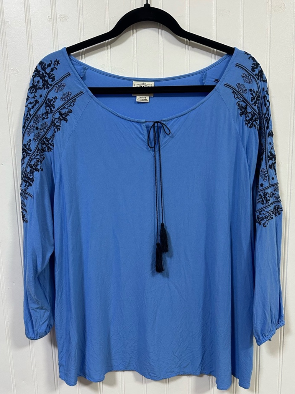 Ariat XL Blue Boho Peasant Top Embroidered 3/4 Sleeves Coastal *FLAWS*